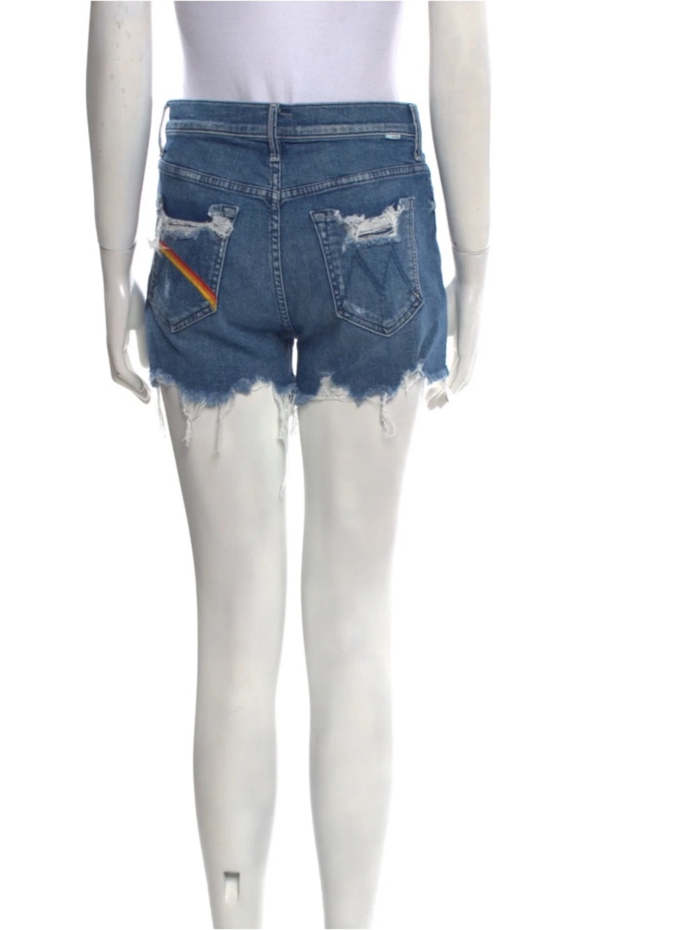 MOTHER Mid-Blue Distressed Denim Shorts with Rainbow Pocket Accent